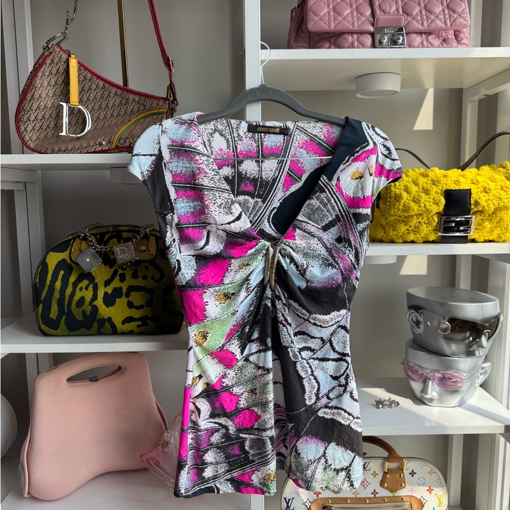 Roberto Cavalli Black and Pink Fitted Ruched Blouse